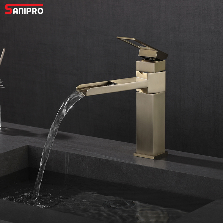 SANIPRO New Design SUS304 Brushed Gold Hot and Cold Water Mixer Bathroom Tap 360 Degree Swivel Waterfall Wash Basin Faucet