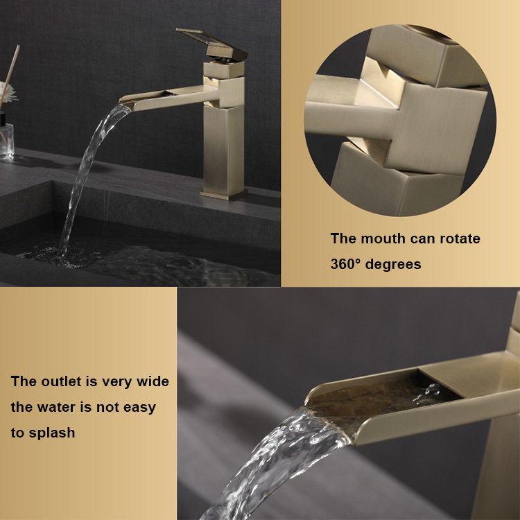 SANIPRO New Design SUS304 Brushed Gold Hot and Cold Water Mixer Bathroom Tap 360 Degree Swivel Waterfall Wash Basin Faucet