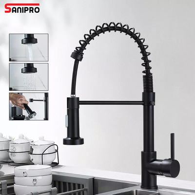 SANIPRO Matte Black Hot and Cold Mixer Water Tap 304 Stainless Steel Flexible Spring Sink Kitchen Faucets with Pull Down Sprayer