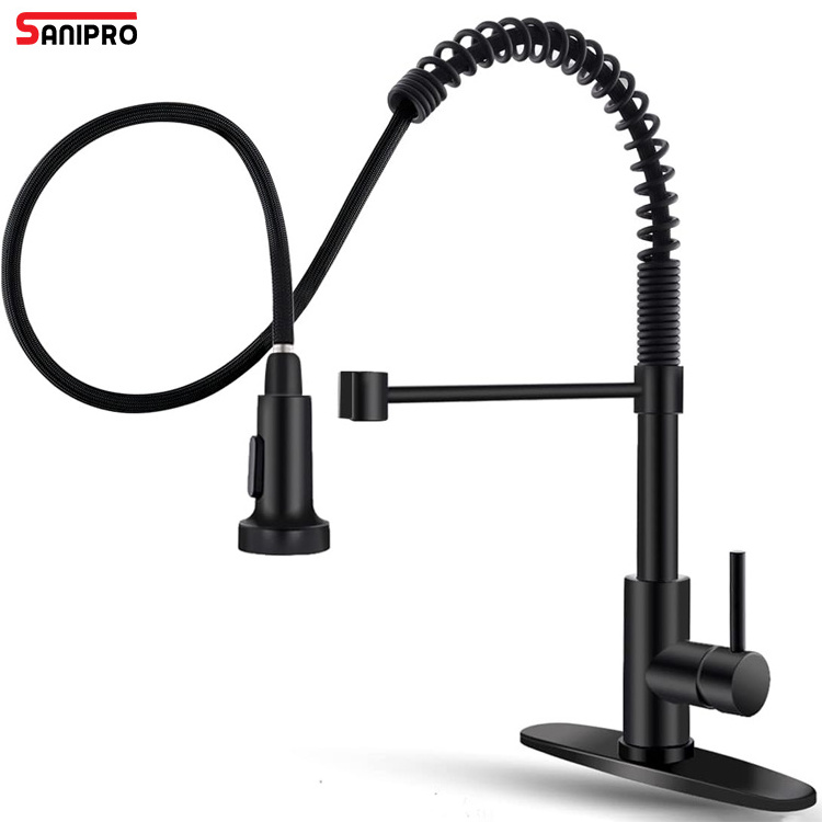 SANIPRO Stainless Steel Pull Down Sprayer Spring Sink Tap Black Kitchen Faucet for Farmhouse Camper Laundry Utility Rv Wet Bar