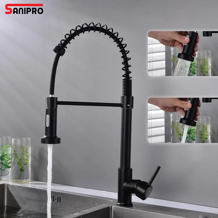 SANIPRO SUS304 Hot Cold Mixer Crane Tap Black 360 Degree Rotation Pull Down Sprayer 2 Modes Nozzle Spring Kitchen Sink Faucets