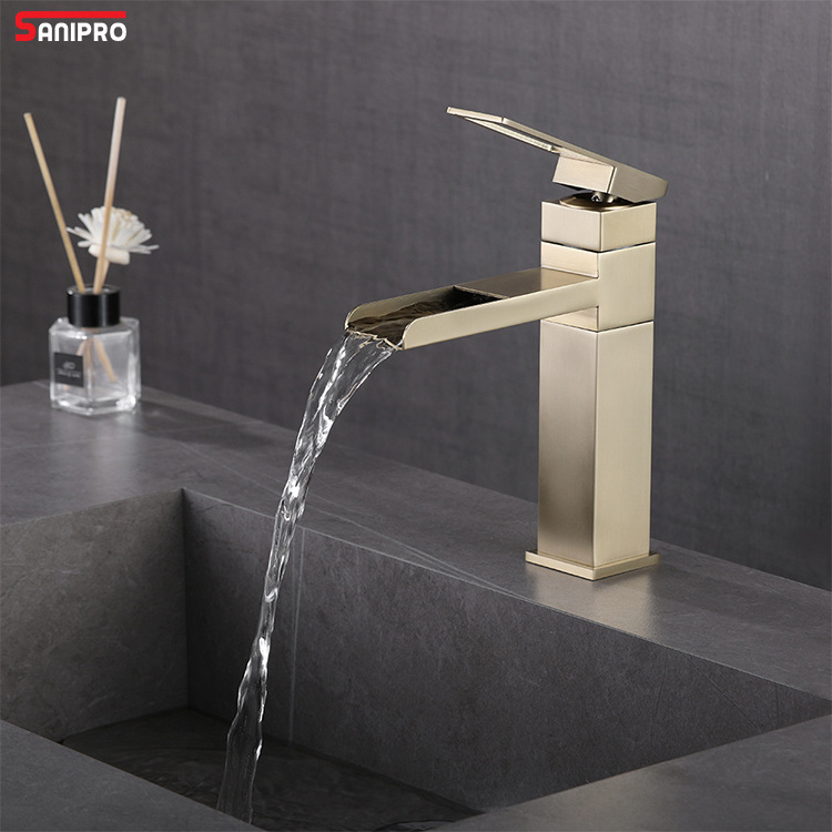 SANIPRO Brushed Gold Single Handle 360 Degree Rotation Basin Taps Stainless Steel Waterfall Square Bathroom Sink Faucet