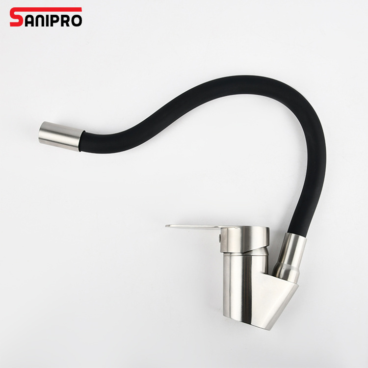 SANIPRO Ingot Design Black Silicone Flexible Spout Hose 304 Stainless Steel Water Tap Pull Out Sink Faucets for Kitchen Bathroom