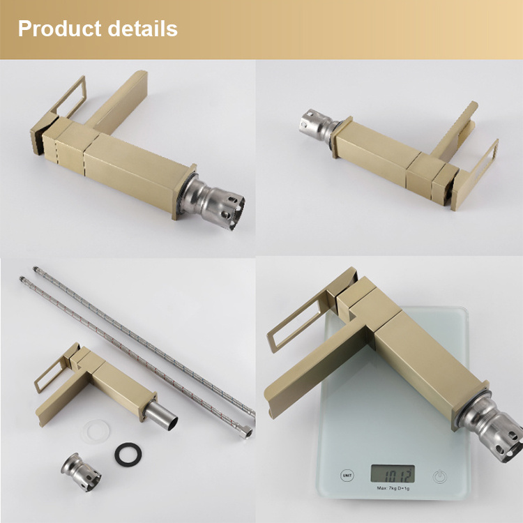 SANIPRO Brushed Gold Single Handle 360 Degree Rotation Basin Taps Stainless Steel Waterfall Square Bathroom Sink Faucet