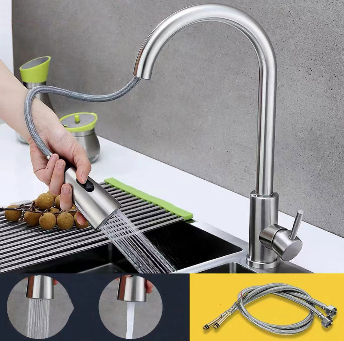 Kitchen Hot And Cold Pull Faucet Universal Expansion Spillproof Household Stainless Steel Faucet