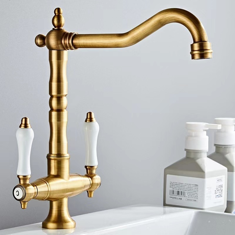 Wholesale Copper Faucet Double Golden Retro Washing Basin Cold And Hot Three In One Faucet