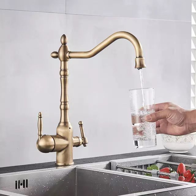 Wholesale Copper Faucet Double Golden Retro Washing Basin Cold And Hot Three In One Faucet