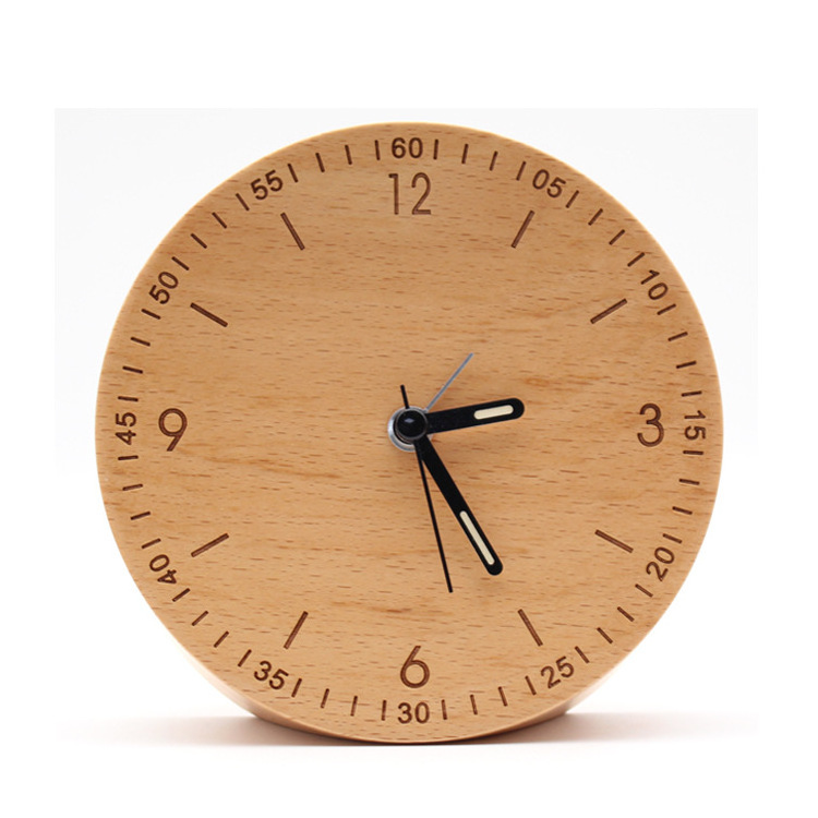 Simple style creative gift ideas desktop ornaments round luminous hands silent Wooden alarm clock