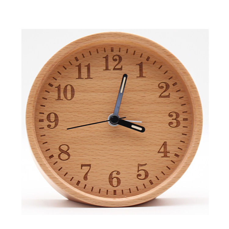 Simple style creative gift ideas desktop ornaments round luminous hands silent Wooden alarm clock