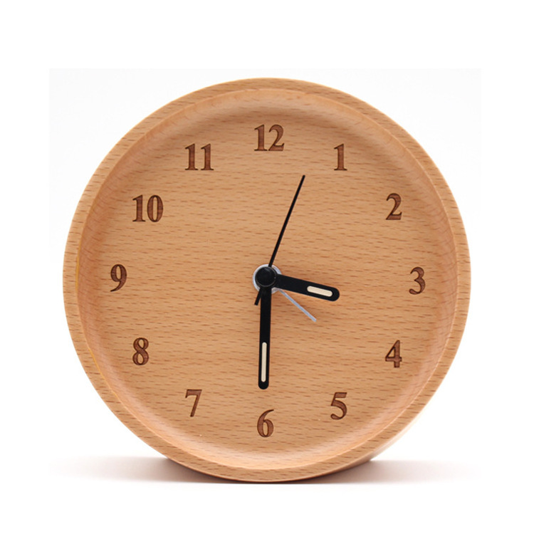 Simple style creative gift ideas desktop ornaments round luminous hands silent Wooden alarm clock