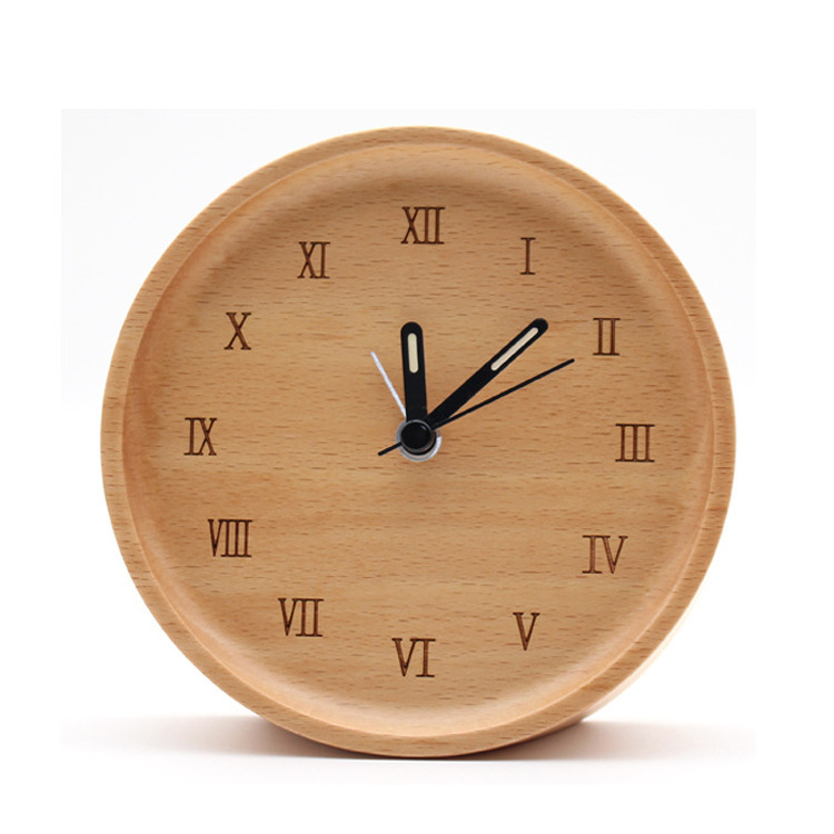 Simple style creative gift ideas desktop ornaments round luminous hands silent Wooden alarm clock