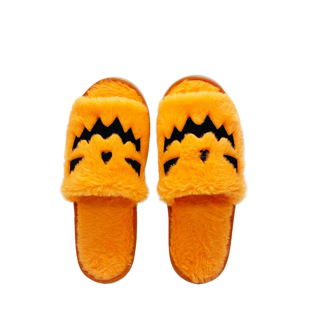 Hot Sale Halloween Pumpkin Flat Bottom Slippers Faux Fur Fuzzy Outdoor Slides Open Toe Plush Slippers Universal Size Unisex