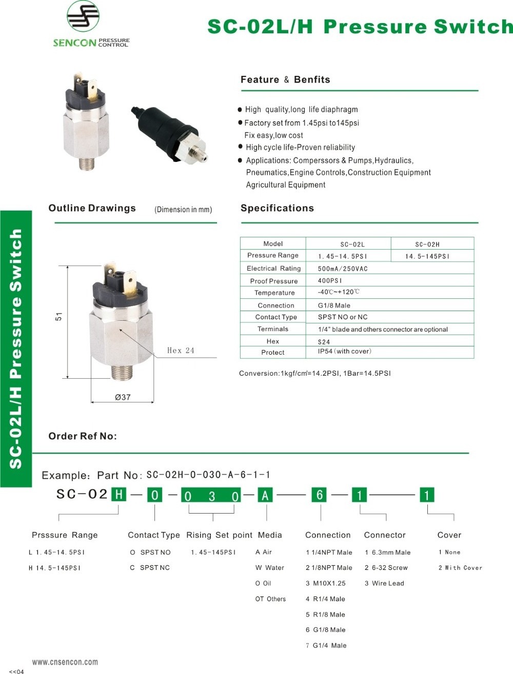 SPST-NO or NC Pressure Switch SC-02HL CNSENCON