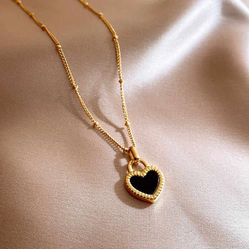 18K Gold Plated Faux Agate Double-sided White Black Heart Pendant Necklace Women Stainless Steel Jewelry