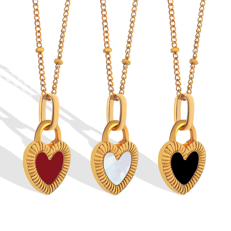 18K Gold Plated Faux Agate Double-sided White Black Heart Pendant Necklace Women Stainless Steel Jewelry