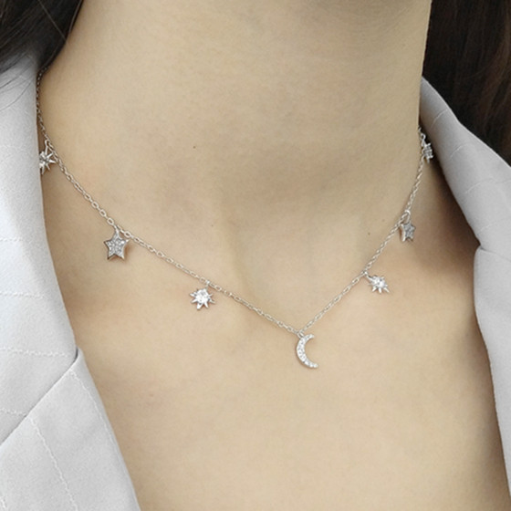 Popular 925 Sterling Silver Star Moon Choker Necklace for Women