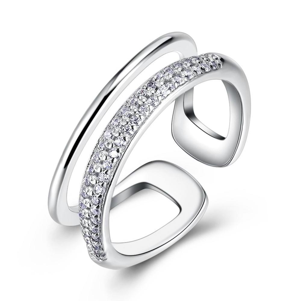 Two Line Shape Design 925 Sterling Silver Pave CZ Diamond Open Ring