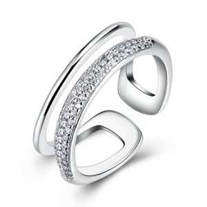 Two Line Shape Design 925 Sterling Silver Pave CZ Diamond Open Ring