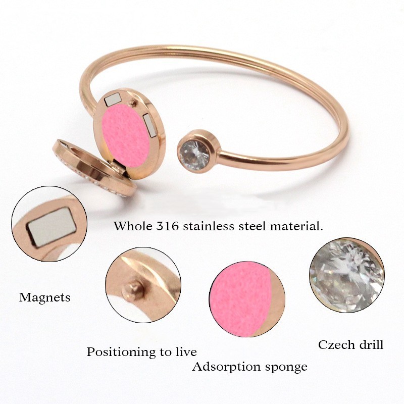 Fashion Flower Design Czech Drill Rose Gold Plated 316L Stainless Steel Essential Oil Locket Bracelet Bangle Wholesale