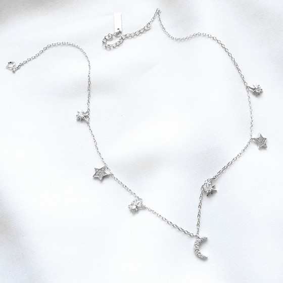 Popular 925 Sterling Silver Star Moon Choker Necklace for Women