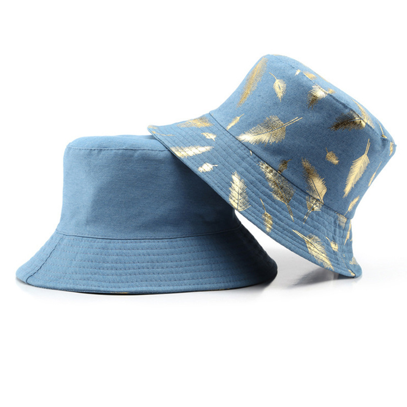 2022 Wholesale Bulk Cotton Denim Jeans Reversible Custom Logo Bucket Hats with Gold Feather Printing