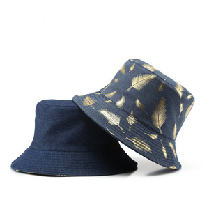 2022 Wholesale Bulk Cotton Denim Jeans Reversible Custom Logo Bucket Hats with Gold Feather Printing