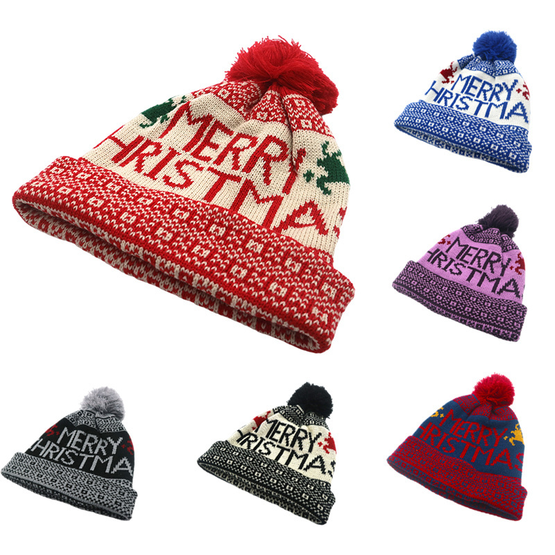 100% Acrylic Wholesale Cute Knit Jacquard Hat Custom  Pom Pom Christmas Hats Beanie