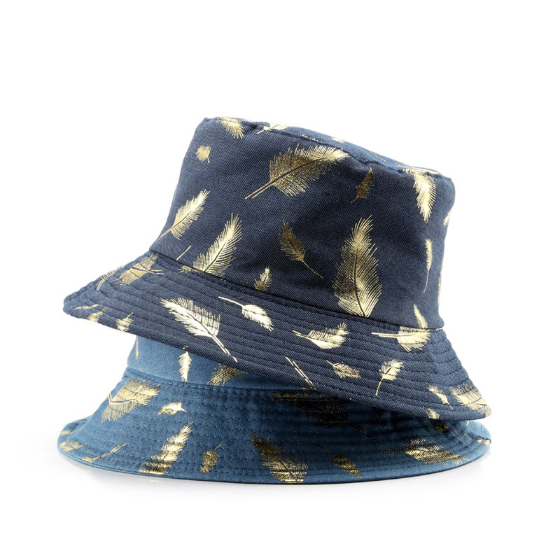 2022 Wholesale Bulk Cotton Denim Jeans Reversible Custom Logo Bucket Hats with Gold Feather Printing