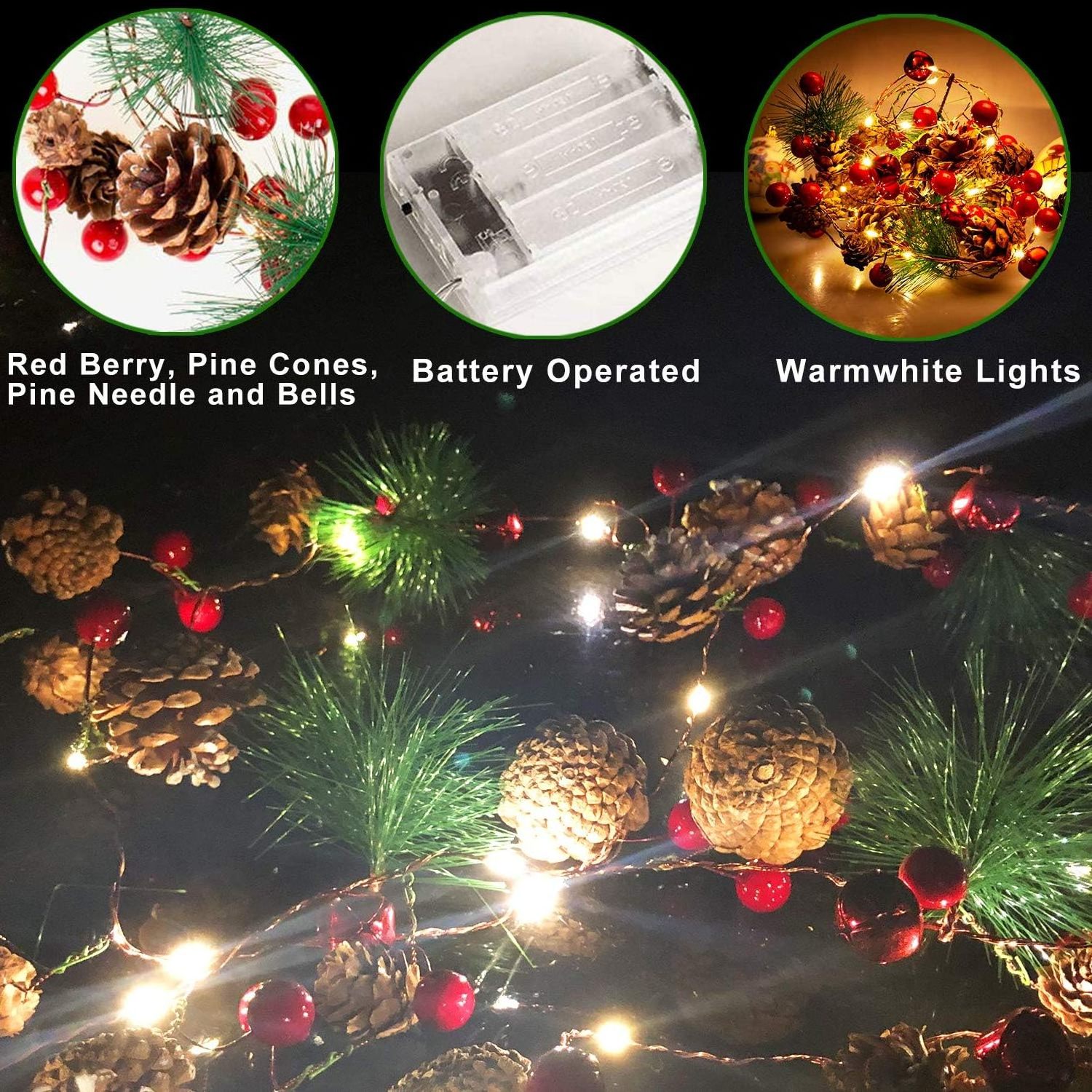 20 LED Christmas String Lights Pinecone Red Berry Bell Xmas Garland with Lights Battery Operated Fairy String Lights