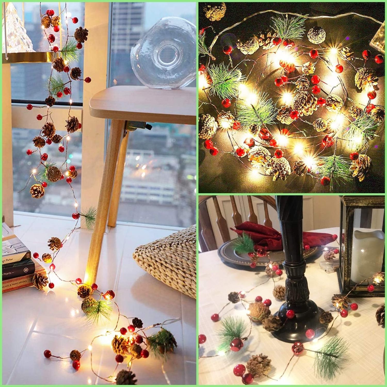 20 LED Christmas String Lights Pinecone Red Berry Bell Xmas Garland with Lights Battery Operated Fairy String Lights