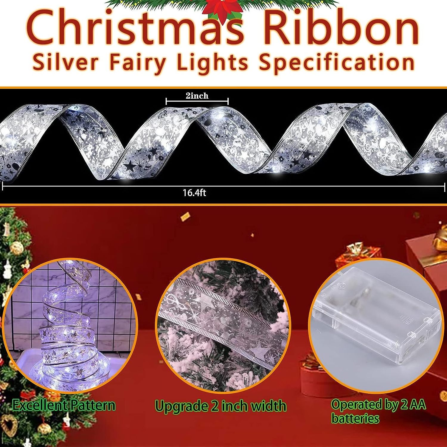 Christmas Tree LED Ribbon Lights Battery Operated Fairy String Lights with Ribbon Bows for Christmas New Year