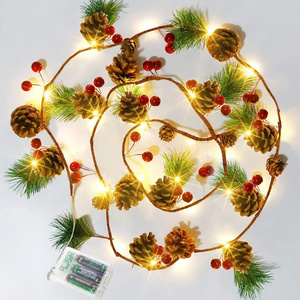 Pine Cone Christmas String Lights 20 LED Battery Operated Christmas Garland with Red Berry Fairy String Lights for Xmas