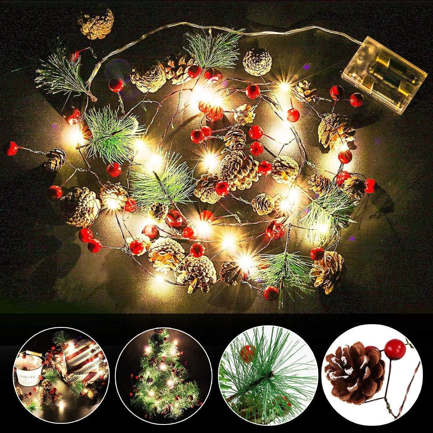 Pine Cone Christmas String Lights 20 LED Battery Operated Christmas Garland with Red Berry Fairy String Lights for Xmas