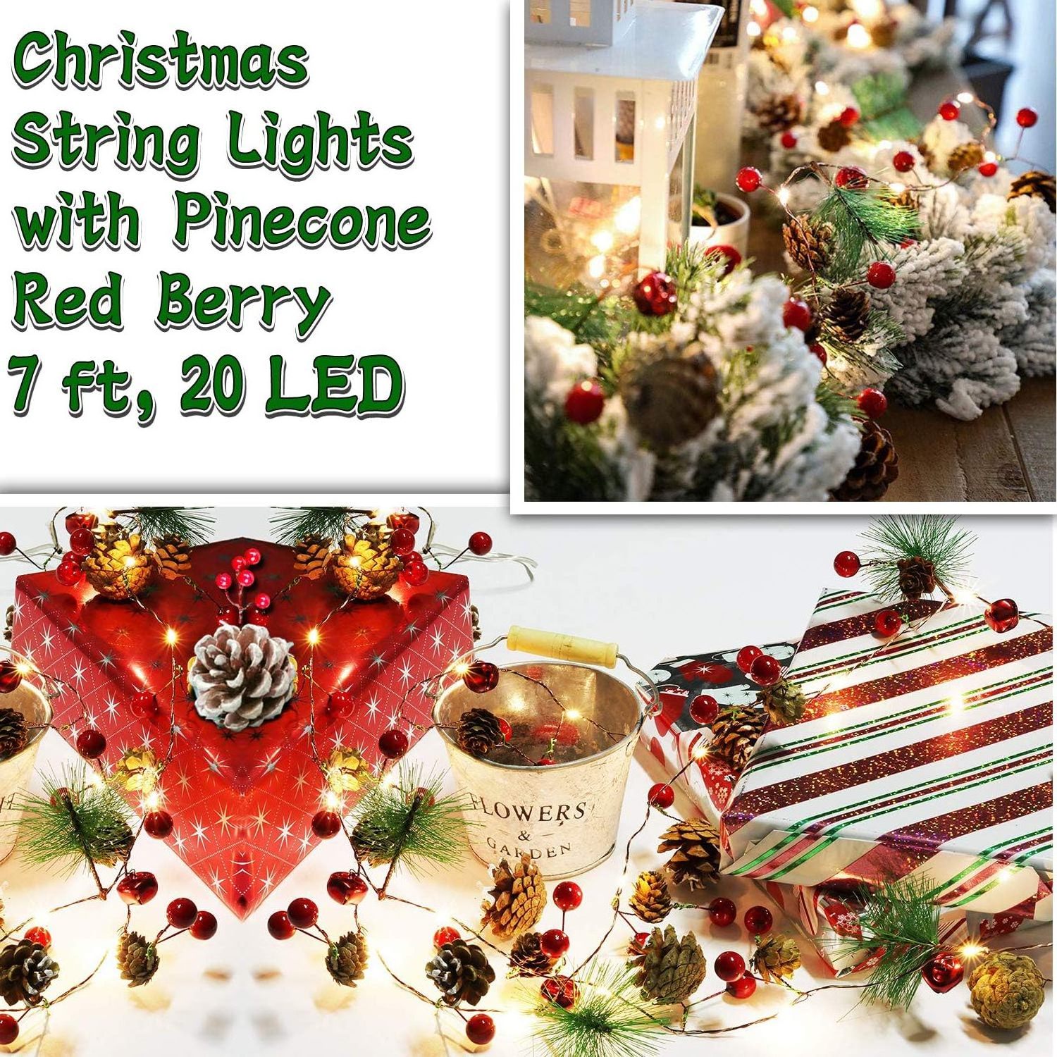 20 LED Christmas String Lights Pinecone Red Berry Bell Xmas Garland with Lights Battery Operated Fairy String Lights