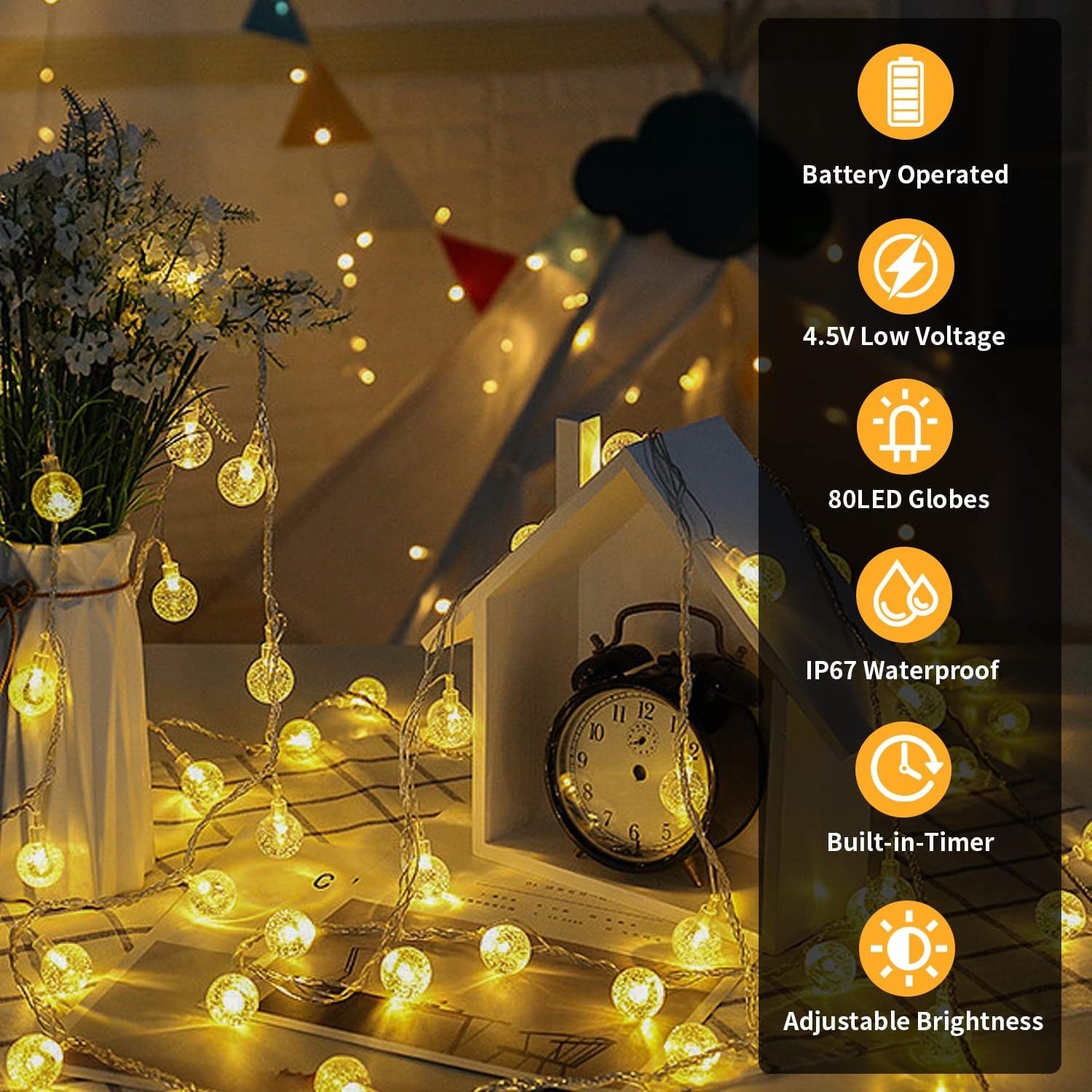 Battery Operated String Lights Outdoor Indoor 80LED Waterproof Crystal Mini Globe Fairy Lights Christmas Decorative