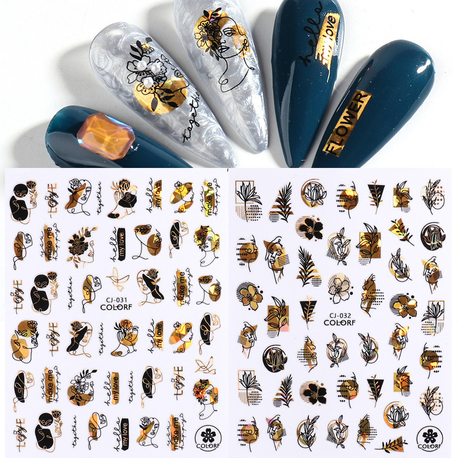 2022 New Spring Black Gold Leaf Bee Nail Decal Abstract Holographic Floral Decals 3D Flowers Plant Nail Art Stickers