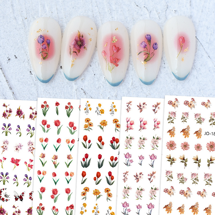 Nail Supply Summer Salon Small Daisy Decals Colorful Flowers Tulip Pattern Nail Tips Tattoo Art Stickers unas For Girls Manicure