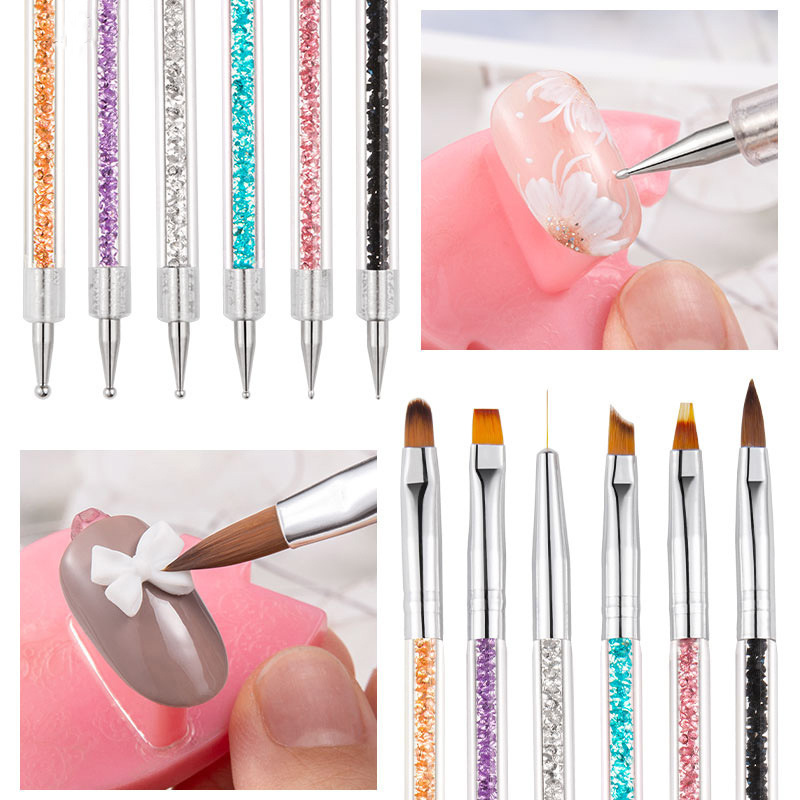 6pcs Double-ended Manicure Dotting Drill Tool Nail Painting Drawing Pens With Acrylic Handle Nail Art Liner Brushes