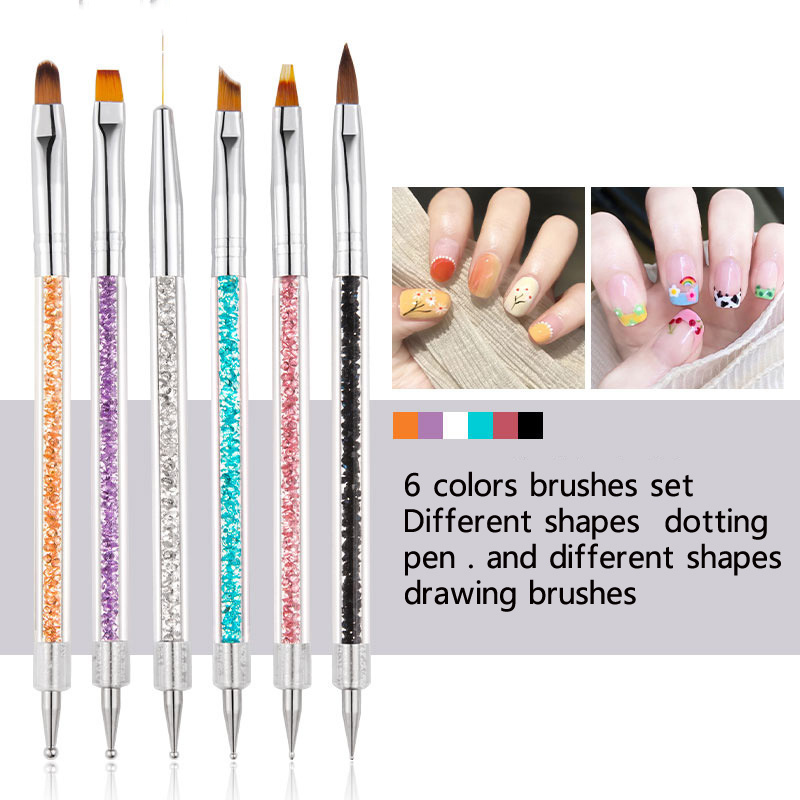 6pcs Double-ended Manicure Dotting Drill Tool Nail Painting Drawing Pens With Acrylic Handle Nail Art Liner Brushes