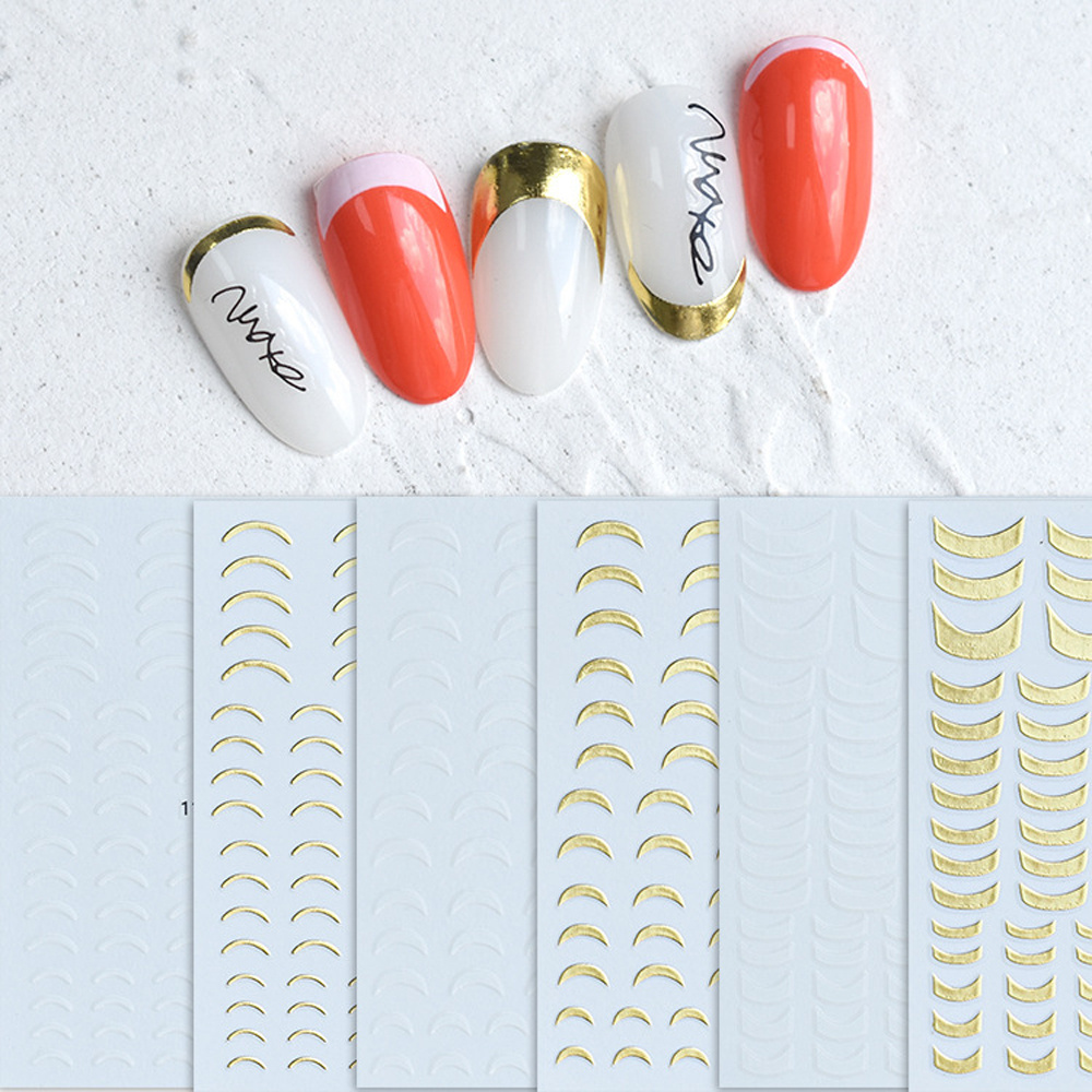 2022 New 3D Gold and White Decals for Nail Art Decoration Crescent Moon French Nail Stickers