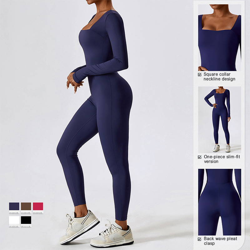 CLT8150-2 Women's Yoga Rompers One Piece Quick Dry Long Jumpsuit Square Neck Dancing Activewear Casual Bodysuit