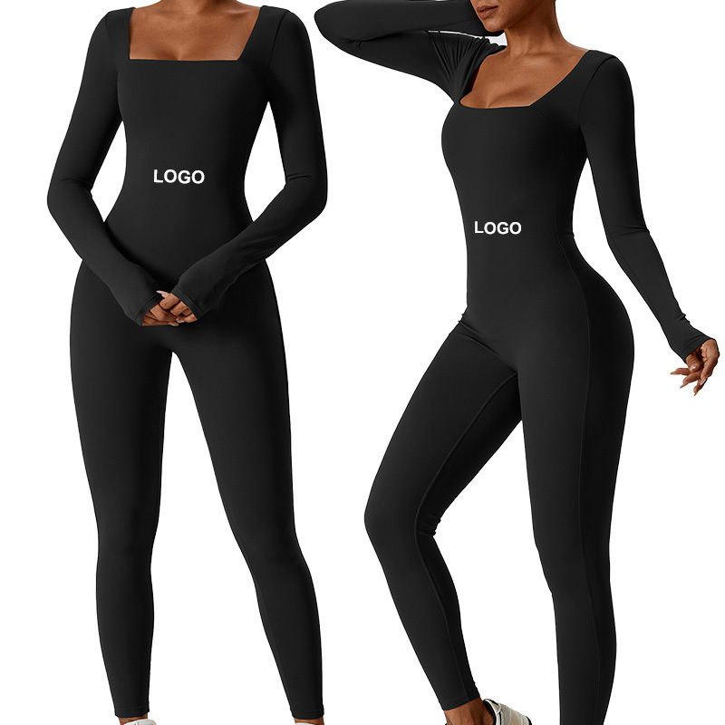 CLT8150-2 Women's Yoga Rompers One Piece Quick Dry Long Jumpsuit Square Neck Dancing Activewear Casual Bodysuit