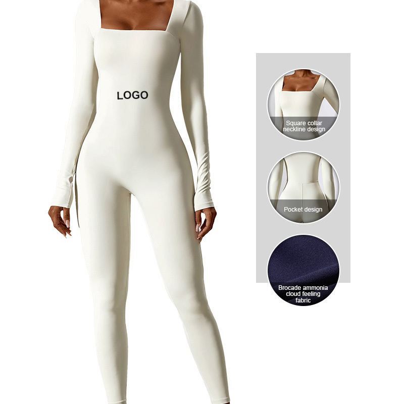 CLT8150-2 Women's Yoga Rompers One Piece Quick Dry Long Jumpsuit Square Neck Dancing Activewear Casual Bodysuit