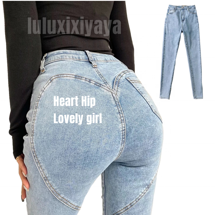 Luluxixiyaya Skinny Bodycon Unique Heart Stitch Design Hip Back Pattern Ankle Full Length Long XS Pencil Ladies Jeans Pant