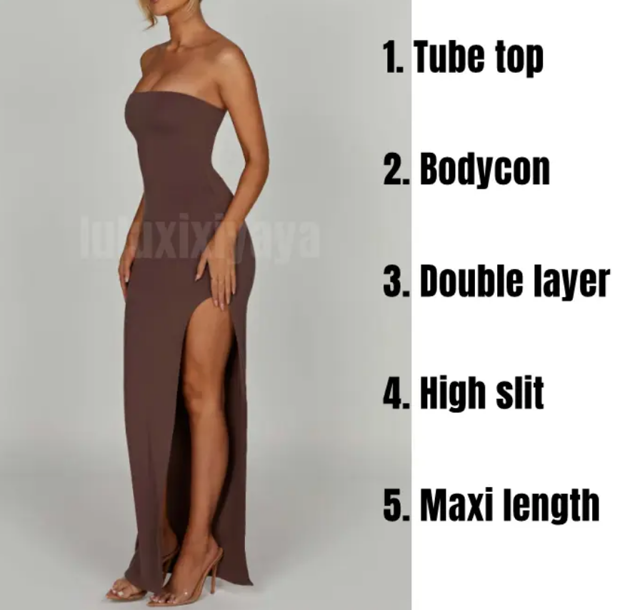 Luluxixiyaya Elegant Lady Tube Top Collarless Teyana Maxi Sexy Side High Slit Double Layer Long Bodycon Dress Women