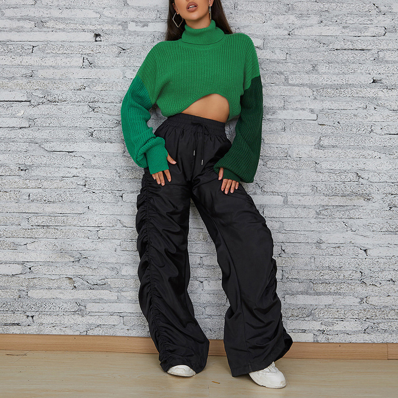 Magic Green Gradient Patchwork High Neck Crop Top Pullover Knitted Sweaters Women Finger Hole Contrast Color Street Sweater