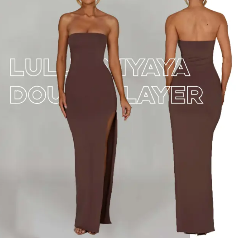 Luluxixiyaya Elegant Lady Tube Top Collarless Teyana Maxi Sexy Side High Slit Double Layer Long Bodycon Dress Women