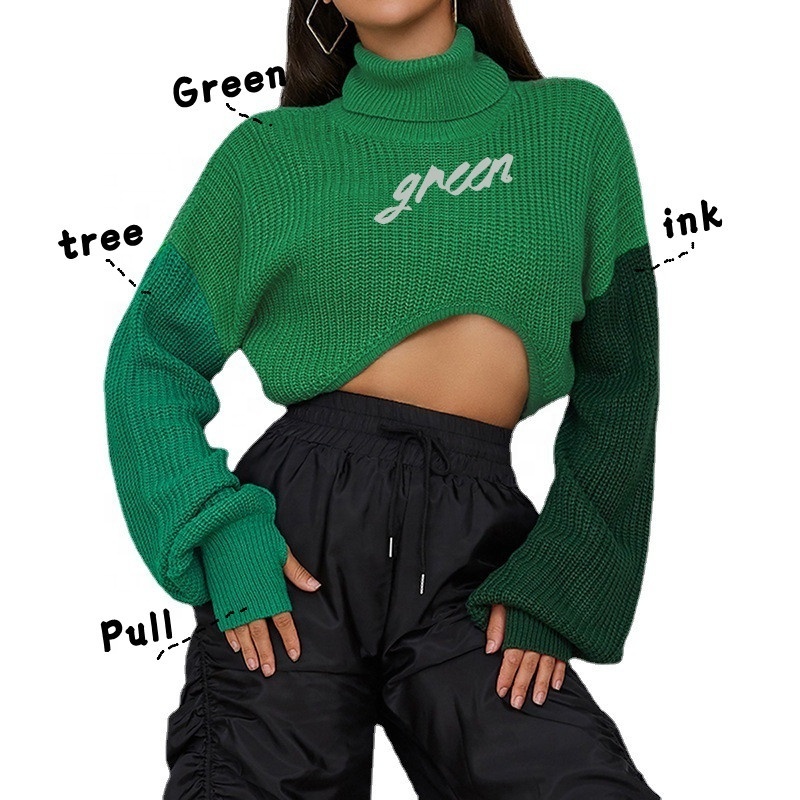 Magic Green Gradient Patchwork High Neck Crop Top Pullover Knitted Sweaters Women Finger Hole Contrast Color Street Sweater