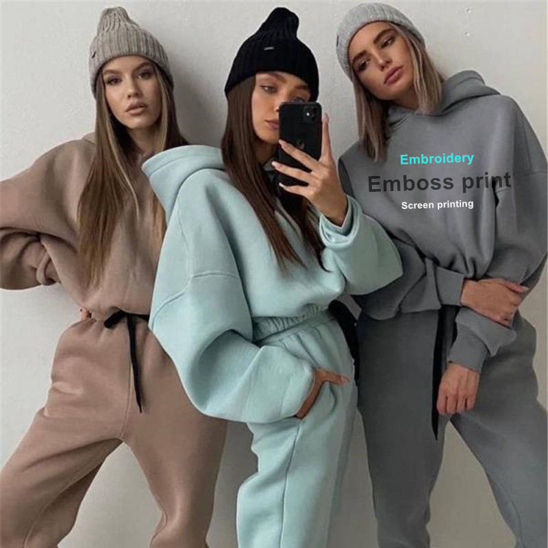 Luluxixiyaya 330gsm Cotton Gym Workout Thickness 2 Piece Women Set Crop Top Oversize Hoodie Jumper Sweatpants Jogger Set