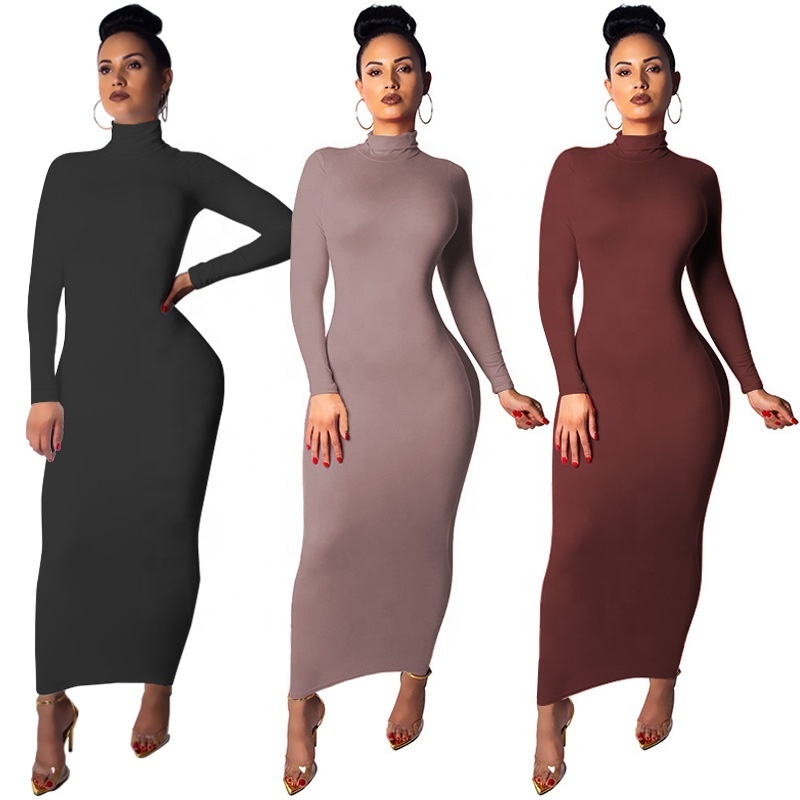 Women Lady Vestidos Ruched Long Sleeve Sheath BodyCon Midi Sexy Dress